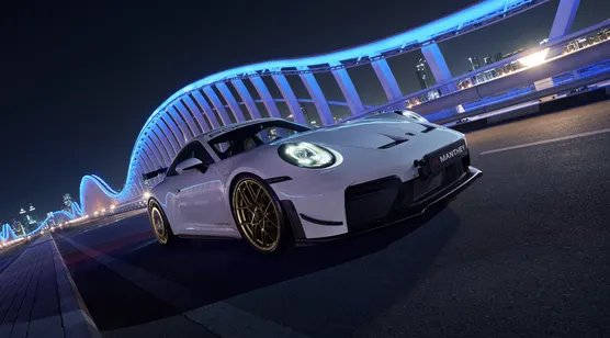 白色保时捷跑车·赛博都市夜景风 超高清汽车夜景壁纸 – 高清 桌面壁纸 开放版权素材 免费下载 手机电脑通用背景图