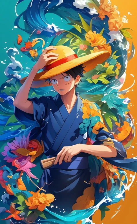 海贼王路飞和风浴衣海浪花卉壁纸 热血动漫壁纸 – 高清 桌面壁纸 开放版权素材 免费下载 手机电脑通用背景图