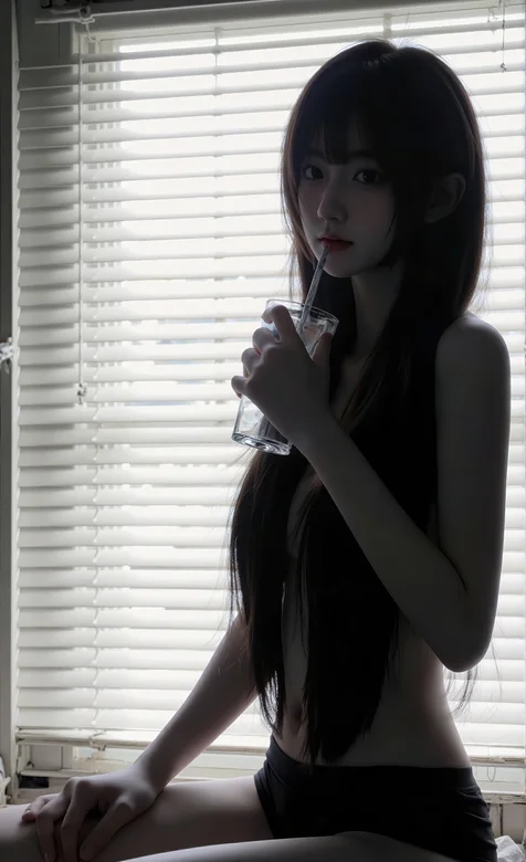 百叶窗前，坐在边沿，手拿玻璃杯喝水的裸身短裤AI长发美女手机壁纸图片 – 高清 桌面壁纸 开放版权素材 免费下载 手