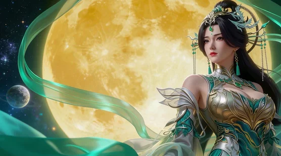 国风仙侠人物·柳神·绿金华服月下飘带·游戏国漫动态电脑壁纸 – 手机电脑通用