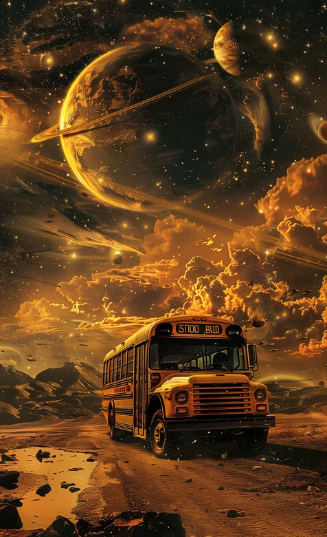 变幻莫测的天空，星球，砂砾，以及行驶在路上的巴士汽车想象科幻系列动漫手机壁纸图片 – 高清 桌面壁纸 开放版权素材-iPhone17-1