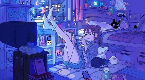 二次元游戏少女·深夜霓虹日式卧室 治愈风电脑壁纸 – 高清 桌面壁纸 开放版权素材 免费下载 手机电脑通用背景图