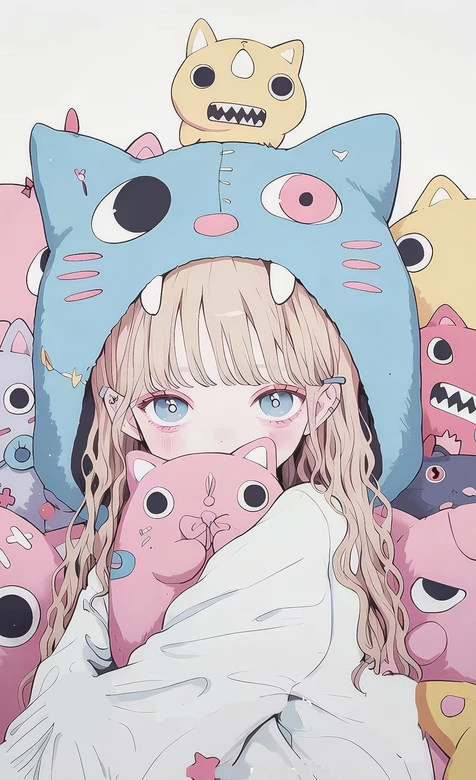 二次元可爱少女抱猫咪·原创插画手机壁纸 – 高清 桌面壁纸 开放版权素材 免费下载 手机电脑通用背景图-iPhone17-1