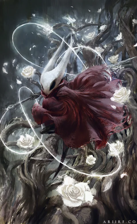 《空洞骑士：丝之歌》白色面具红斗篷角色“黄蜂女” 树根缠绕白色玫瑰发光光环手机壁纸 – 高清 桌面壁纸 开放版权素材