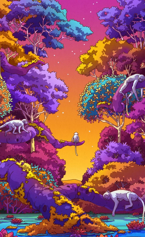 奇幻森林灵长类栖息·霓虹色彩风 原创插画超火手机屏保 – 高清 桌面壁纸 开放版权素材 免费下载 手机电脑通用背景图