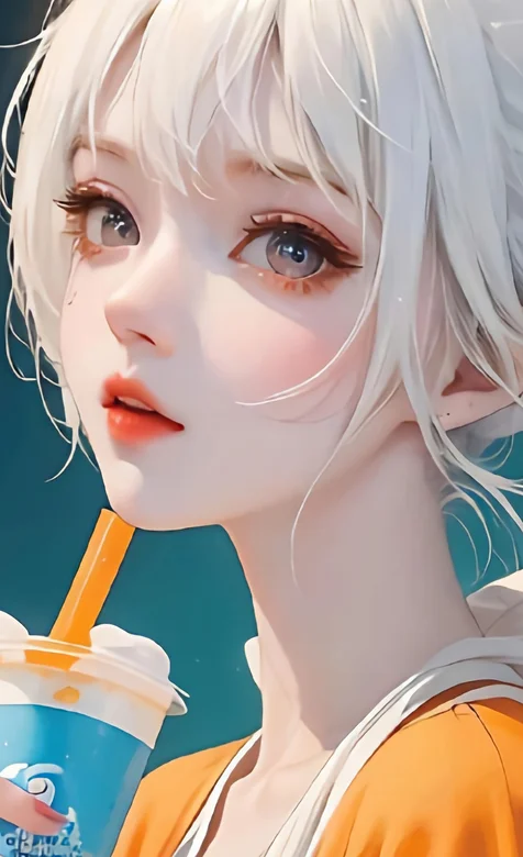 喝饮料的大眼睛aI美少女，白色发型，黄色小外套，唇红齿白超美小姐姐手机壁纸图片 – 免