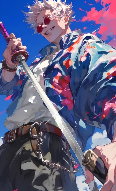 五条悟·花衬衫持武士刀 咒术回战二次元热血手机壁纸 – 高清 桌面壁纸 开放版权素材 免费下载 手机电脑通用背景图