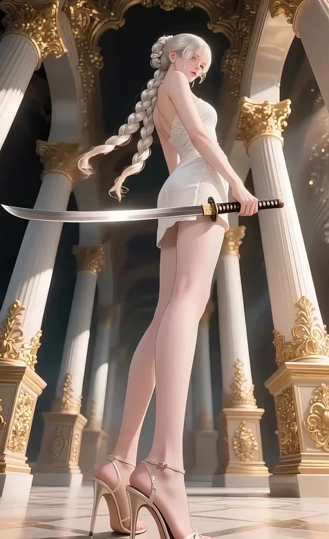银发编辫女子·持武士刀 欧式宫殿写实唯美动态手机壁纸