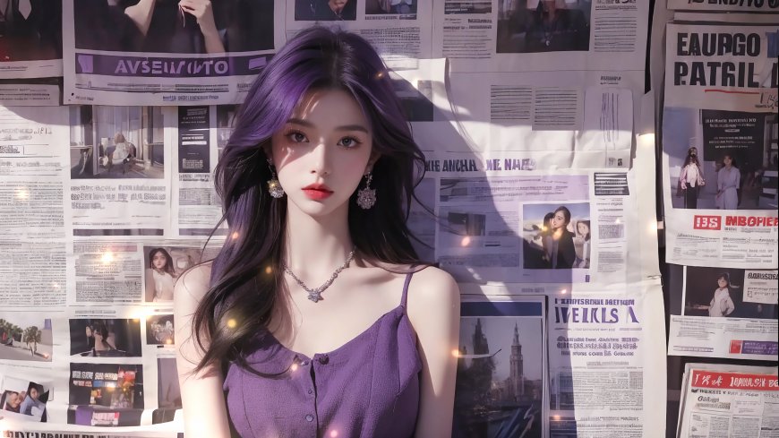紫色长卷发大波浪美女 报纸 4k动漫壁纸 – 高清 桌面壁纸 开放版权素材 免费下载 手机电脑通用背景图