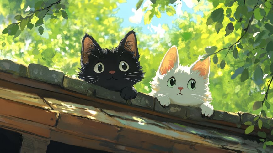 可爱动漫 黑白小猫 屋顶场景电脑壁纸 – 高清 桌面壁纸 开放版权素材 免费下载 手机电脑通用背景图