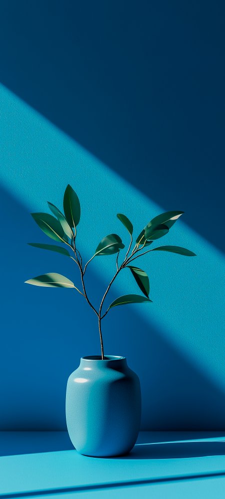 简约蓝背景绿植插花花瓶壁纸 – 高清 桌面壁纸 开放版权素材 免费下载 手机电脑通用背景图