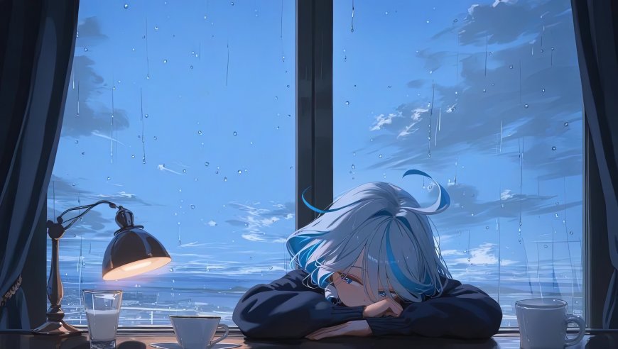 蓝白发少年窗边听雨氛围感插画电脑壁纸 – 高清 桌面壁纸 开放版权素材 免费下载 手机电脑通用背景图
