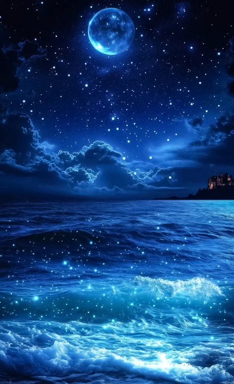 月夜蓝海城堡·唯美梦幻风 星空海浪手机壁纸 – 高清 桌面壁纸 开放版权素材 免费下载 手机电脑通用背景图-iPhone17-1