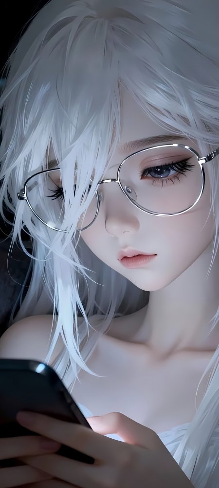 白发戴眼镜少女低头看手机特写插画动漫手机壁纸 – 高清 桌面壁纸 开放版权素材 免费下载 手机电脑通用背景图