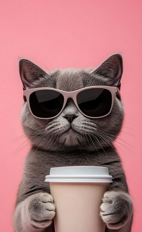 戴墨镜灰猫举咖啡杯·潮酷可爱创意手机壁纸 – 高清 桌面壁纸 开放版权素材 免费下载 手机电脑通用背景图-iPhone17-1