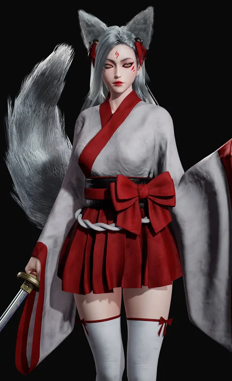 日系动漫手绘、手拿武士刀的妖艳女狐妖3D渲染图手机壁纸 – 高清 桌面壁纸 开放版权素材 免费下载 手机电脑通用背景