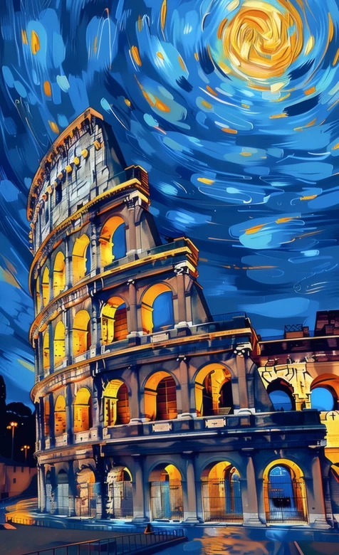 梵高风格罗马斗兽场夜景 艺术建筑壁纸 – 高清 桌面壁纸 开放版权素材 免费下载 手机电脑通用背景图