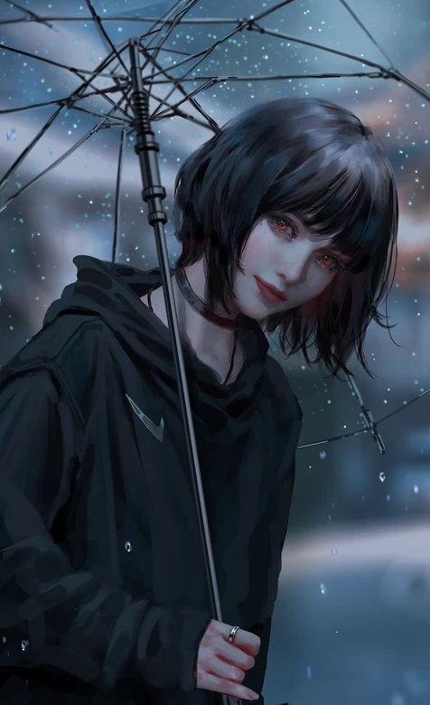 暗黑写实风红瞳短发少女·雨夜撑伞 原创插画壁纸 – 高清 桌面壁纸 开放版权素材 免费下载 手机电脑通用背景图