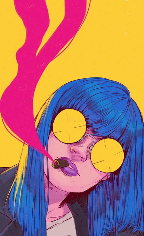 蓝发酷感少女·黄镜雪茄烟雾 潮流插画风个性手机壁纸 – 高清 桌面壁纸 开放版权素材 免费下载 手机电脑通用背景图-iPhone17-1
