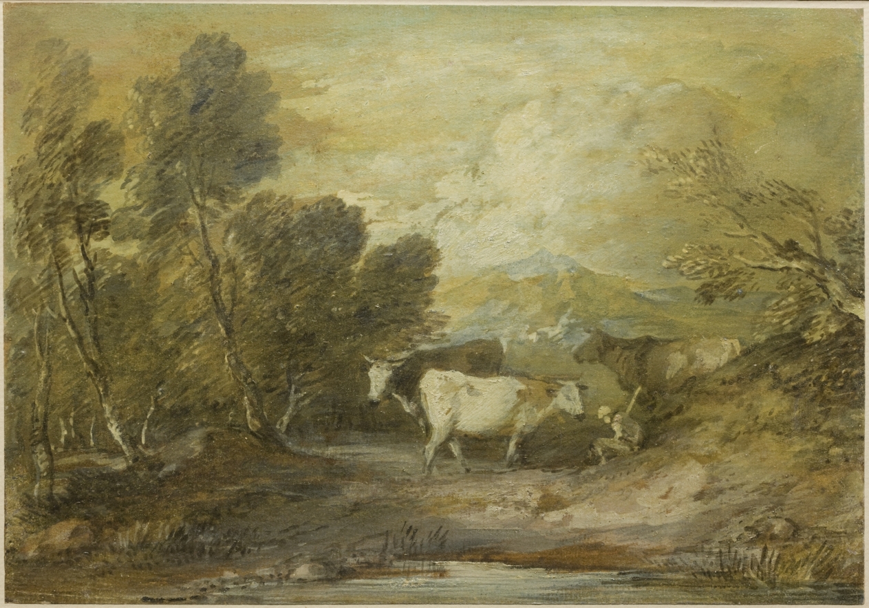 A Herdsman with Three Cows by an Upland Pool – 高清 桌面壁纸 无版权