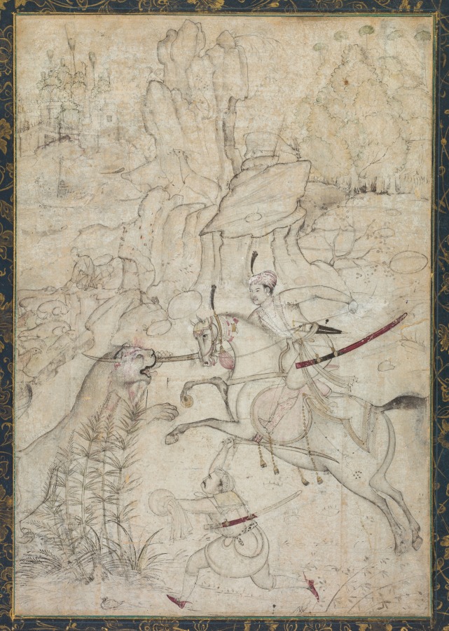 A Mounted Prince Hunting Lion in a Rocky Landscape – 高清 桌面