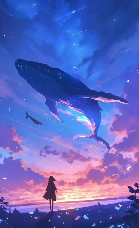 晚霞星空下女孩与巨鲸 唯美梦幻插画手机壁纸 – 高清 桌面壁纸 开放版权素材 免费下载 手机电脑通用背景图-iPhone17-1