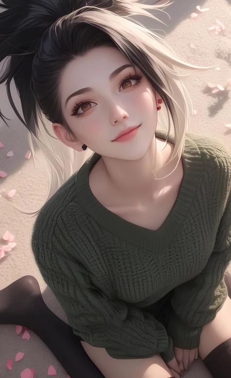 双色发少女绿毛衣黑丝袜 花瓣场景唯美壁纸 – 高清 桌面壁纸 开放版权素材 免费下载 手机电脑通用背景图