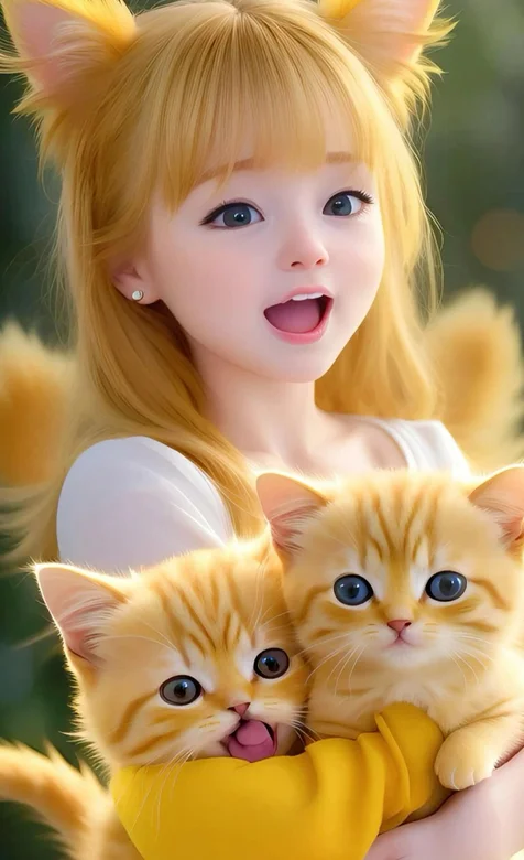 超萌猫女抱着可爱的猫猫动漫插画 – 高清 桌面壁纸 开放版权素材 免费下载 手机电脑通用背景图