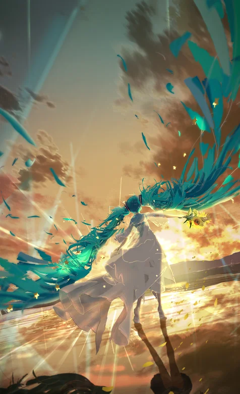初音未来 蓝色长发 日落霞光 动漫场景壁纸 – 高清 桌面壁纸 开放版权素材 免费下载 手机电脑通用背景图
