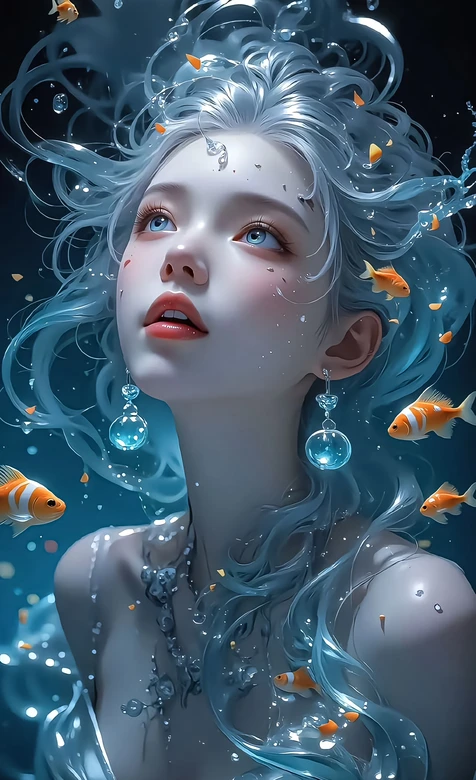 水元素拟人·银发水波与金鱼 唯美梦幻风 手机壁纸精选 – 高清 桌面壁纸 开放版权素材 免费下载 手机电脑通用背景图-iPhone17-1