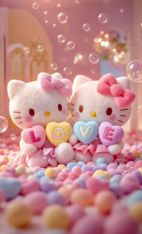 Hello Kitty双玩偶·LOVE爱心 梦幻甜美少女心壁纸 – 手机电脑