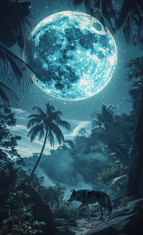 森林里的狼，夜晚，森林，巨大，明亮，近在眼前的月球AI美图手机壁纸 – 手机