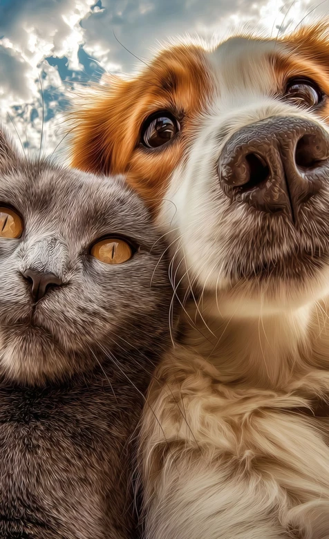 灰猫与棕白犬亲密依偎仰望天空 – 高清 桌面壁纸 开放版权素材 免费下载 手机电脑通用背景图