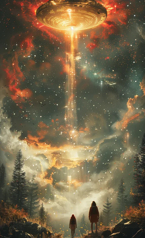 天空，飞碟，发射的光，森林，两个外星人，科幻想象类手机壁纸图片 – 高清 桌面壁纸 开放版权素材 免费下载 手机电脑-iPhone17-1