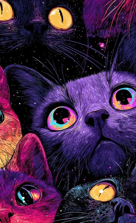 迷幻霓虹猫咪群像 赛博朋克风潮酷手机背景 – 高清 桌面壁纸 开放版权素材 免费下载 手机电脑通用背景图