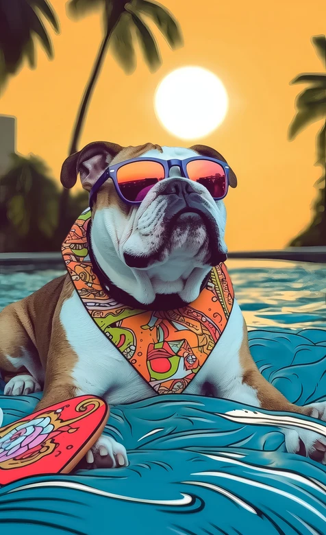 潮酷英国斗牛犬·泳池夕阳度假（潮流插画风） 夏日宠物手机壁纸 – 高清 桌面壁纸 开放版权素材 免费下载 手机电脑通