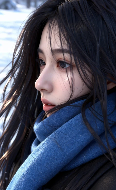 雪景中戴蓝围巾的黑发女孩 冬日壁纸 – 高清 桌面壁纸 开放版权素材 免费下载 手机电脑通用背景图