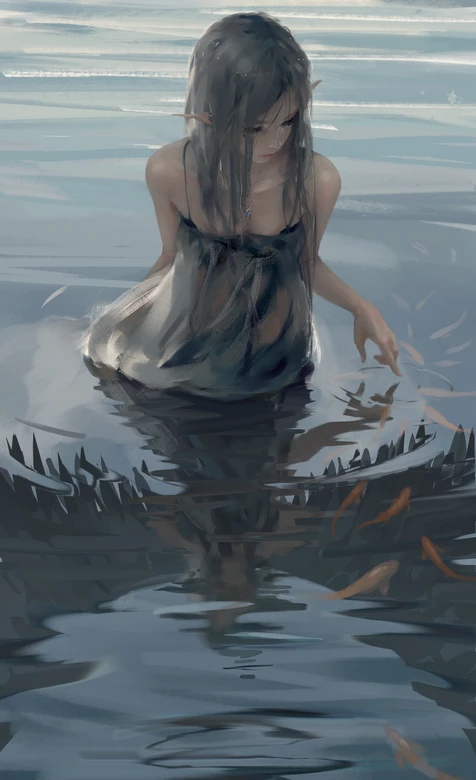 精灵耳少女·水中戏鱼 唯美写实风 水中精灵静谧壁纸
