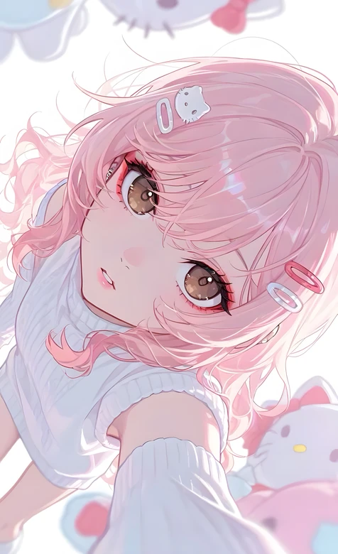 粉色卷发少女·Hello Kitty发饰 二次元唯美少女心手机壁纸 – 手机