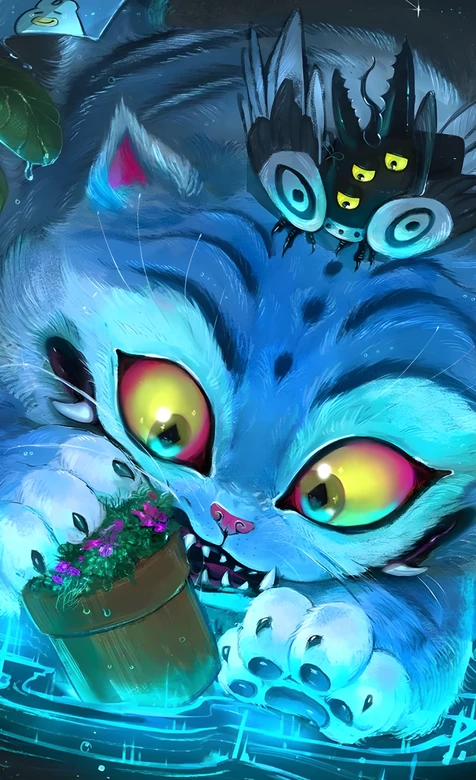 暗黑奇幻风蓝猫（衔花盆）·怪异小生物 魔幻宠物手机壁纸 – 手机电脑通用背景