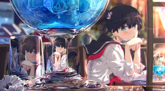 正在写作业的学生装动漫少女和高脚杯唯美创意壁纸美图