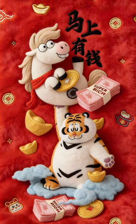卡通马·老虎·马上有钱 国风刺绣春节暴富手机壁纸（高点击） – 手机电脑通用