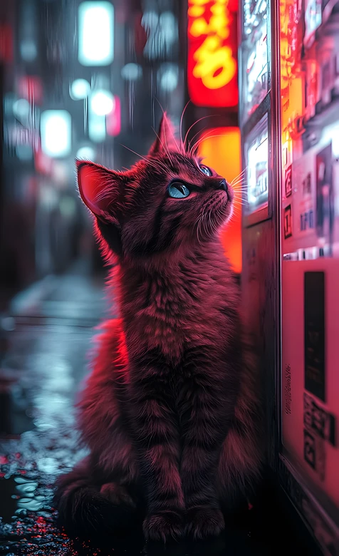 霓虹雨夜猫咪·赛博朋克风日式街道 赛博萌宠热门壁纸 – 高清 桌面壁纸 开放版权素材 免费下载 手机电脑通用背景图