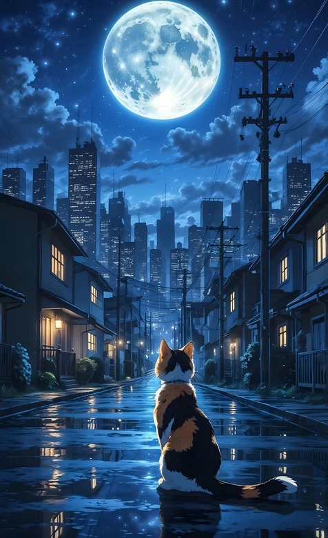 三花猫坐雨夜街道 唯美插画风城市天际线满月夜景 治愈系 – 高清 桌面壁纸 开放版权素材 免费下载 手机电脑通用背景