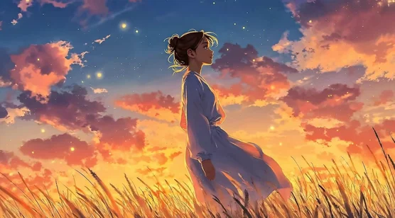 麦田星空下的白衣女孩·唯美二次元动态电脑壁纸