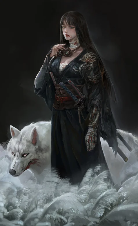 齐刘海长发日漫女武士和他的狐狸宠物手绘插画手机壁纸 – 高清 桌面壁纸 开放版权素材 免费下载 手机电脑通用背景图-iPhone17-1