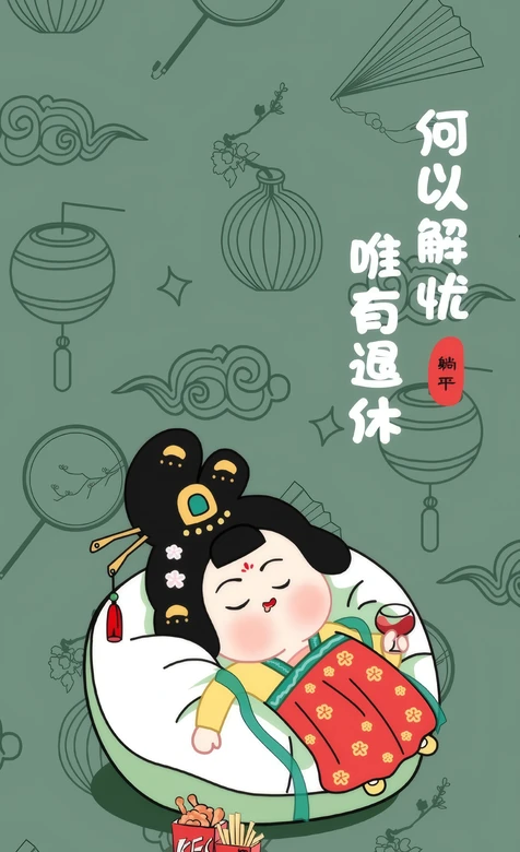 唐代胖美人国潮卡通躺平插画 – 高清 桌面壁纸 开放版权素材 免费下载 手机电脑通用背景图