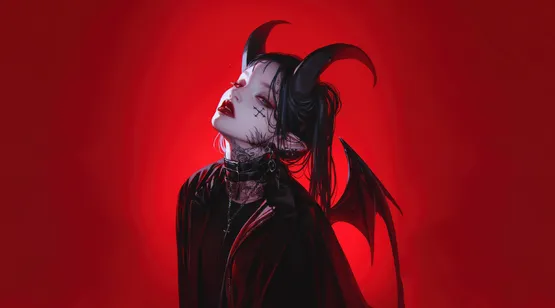 恶魔少女，红唇，脖子纹身，头上长角，背上一对蝙蝠翅膀的恶魔少女AI美图壁纸 – 免费下