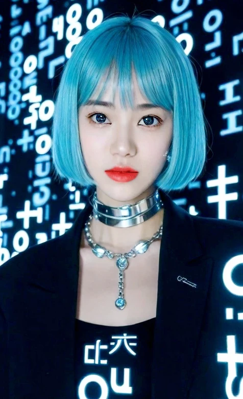 蓝发短发女性 赛博科技风数字背景人像 – 高清 桌面壁纸 开放版权素材 免费下载 手机电脑通用背景图