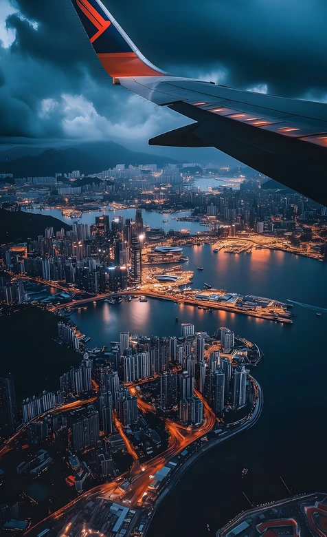 飞机舷窗·香港海湾夜景·蓝调都市风 高质感壁纸 – 高清 桌面壁纸 开放版权素材 免费下载 手机电脑通用背景图